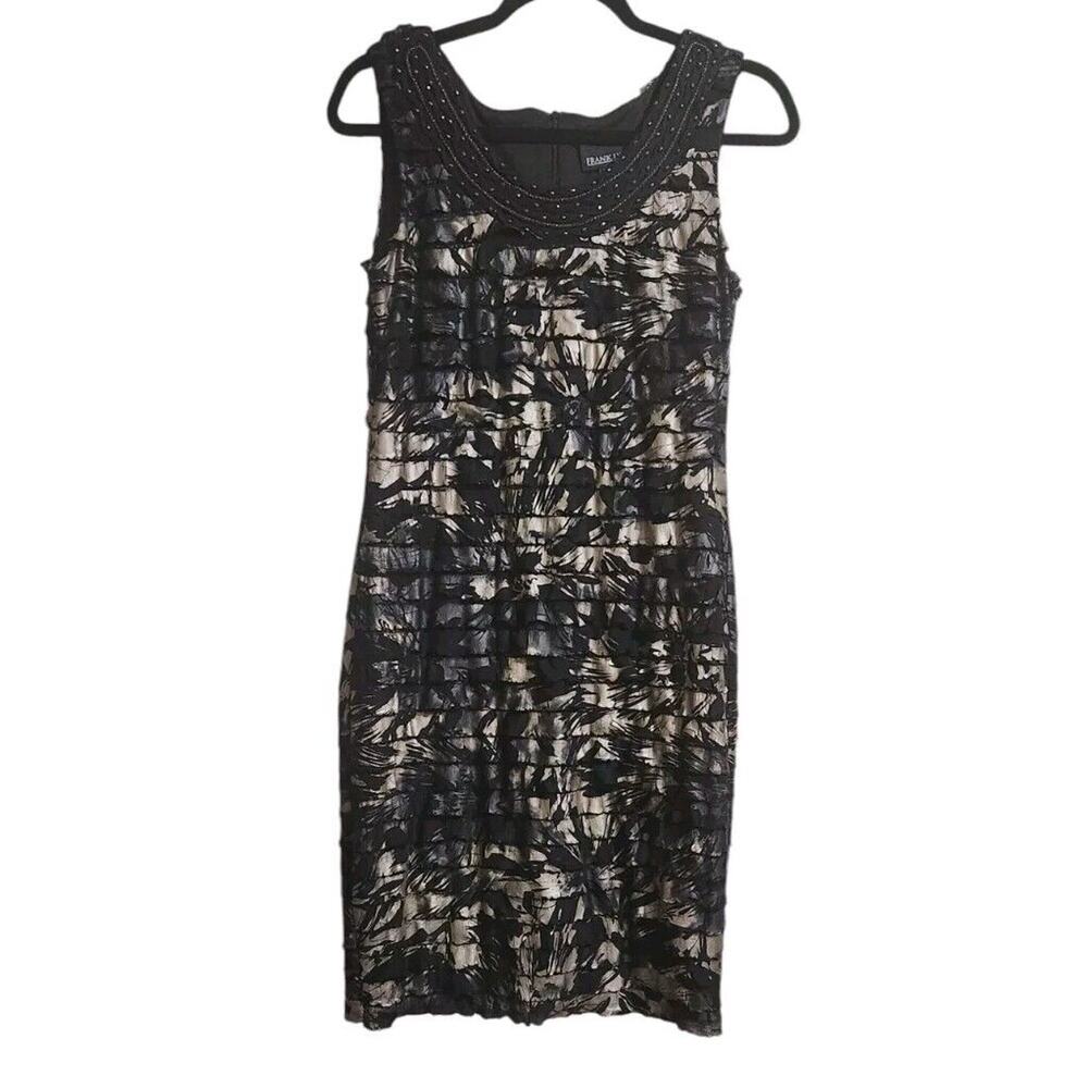 Frank Lyman Womens Sheath Dress Black Cream Floral Print Beaded Event Party Sz 8